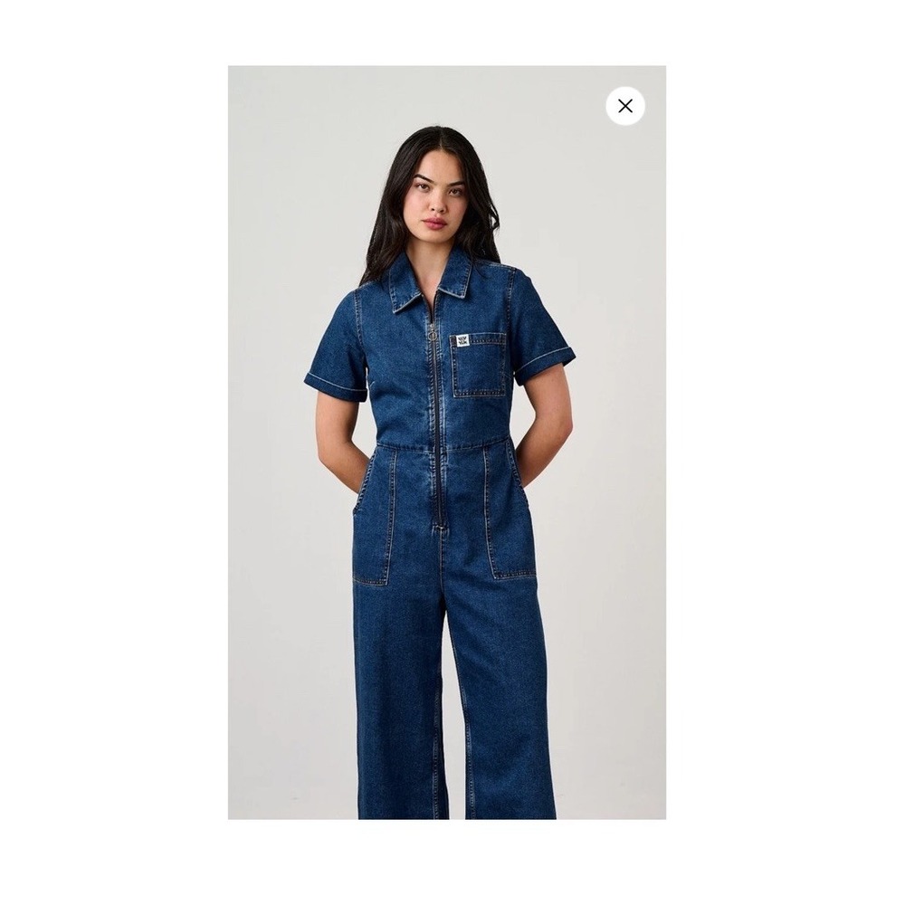 NWT Lucy & Yak Ragan Denim Jumpsuit plus US 0 tall Medium Wash Wide Leg utility